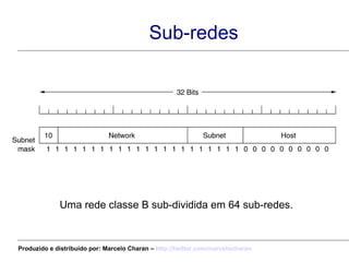 Sub-redes Uma rede classe B sub-dividida em 64 sub-redes. Produzido e distribuído por: Marcelo Charan –  http:// twitter.com/marcelocharan 