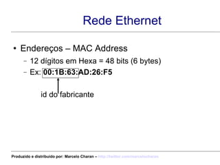 Rede Ethernet Endereços – MAC Address 12 dígitos em Hexa = 48 bits (6 bytes) Ex:  00:1B:63:AD:26:F5 id do fabricante Produzido e distribuído por: Marcelo Charan –  http:// twitter.com/marcelocharan 