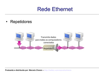 Rede Ethernet Repetidores Transmite dados  para   todos os computadores  conectados Repetidor Produzido e distribuído por: Marcelo Charan –  http:// twitter.com/marcelocharan 