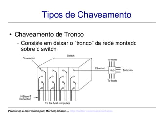 Tipos de Chaveamento Chaveamento de Tronco Consiste em deixar o “tronco” da rede montado sobre o switch Produzido e distribuído por: Marcelo Charan –  http:// twitter.com/marcelocharan 