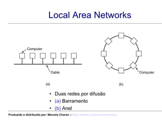 Local Area Networks Duas redes por difusão (a)  Barramento (b)  Anel Produzido e distribuído por: Marcelo Charan –  http:// twitter.com/marcelocharan 