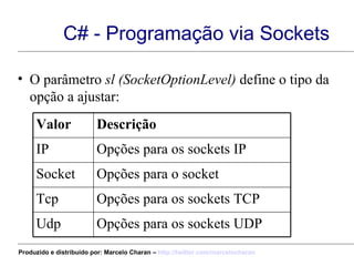 C# - Programação via Sockets O parâmetro  sl (SocketOptionLevel)  define o tipo da opção a ajustar: Opções para os sockets UDP Udp Opções para os sockets TCP Tcp Opções para o socket Socket Opções para os sockets IP IP Descrição Valor Produzido e distribuído por: Marcelo Charan –  http:// twitter.com/marcelocharan 