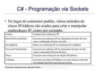 C# - Programação via Sockets No lugar do construtor padrão, vários métodos da classe IPAddress são usados para criar e manipular enderedeços IP, como por exemplo: Converte um objeto IPAddress em uma string no formato de notação decimal separada por pontos ToString Converte uma string em um objeto IPAddress Parse Converte um endereço IP da ordenação de bytes d rede para a ordenação de bytes do host NetworkToHostOrder Indica se o endereço IP é o endereço de Loopback IsLoopBack Converte um endereço IP da ordenação de bytes do host para a ordenação de bytes da rede HostToNetworkOrder Compara dois endereços IP Equals Produzido e distribuído por: Marcelo Charan –  http:// twitter.com/marcelocharan 