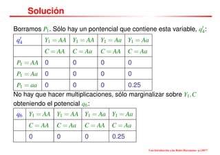 Solución
Borramos P1. Sólo hay un pontencial que contiene esta variable, q4:
q4 Y1 = AA Y1 = AA Y1 = Aa Y1 = Aa
C = AA C = Aa C = AA C = Aa
P1 = AA 0 0 0 0
P1 = Aa 0 0 0 0
P1 = aa 0 0 0 0.25
No hay que hacer multiplicaciones, sólo marginalizar sobre Y1,C
obteniendo el potencial q6:
q6 Y1 = AA Y1 = AA Y1 = Aa Y1 = Aa
C = AA C = Aa C = AA C = Aa
0 0 0 0.25
Una Introducción a las Redes Bayesianas– p.120/??
 