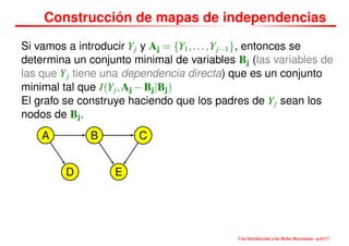 Construcción de mapas de independencias
Si vamos a introducir Yj y Aj = {Y1,...,Yj−1}, entonces se
determina un conjunto minimal de variables Bj (las variables de
las que Yj tiene una dependencia directa) que es un conjunto
minimal tal que I(Yj,Aj −Bj|Bj)
El grafo se construye haciendo que los padres de Yj sean los
nodos de Bj.
A B C
D E
Una Introducción a las Redes Bayesianas– p.61/??
 