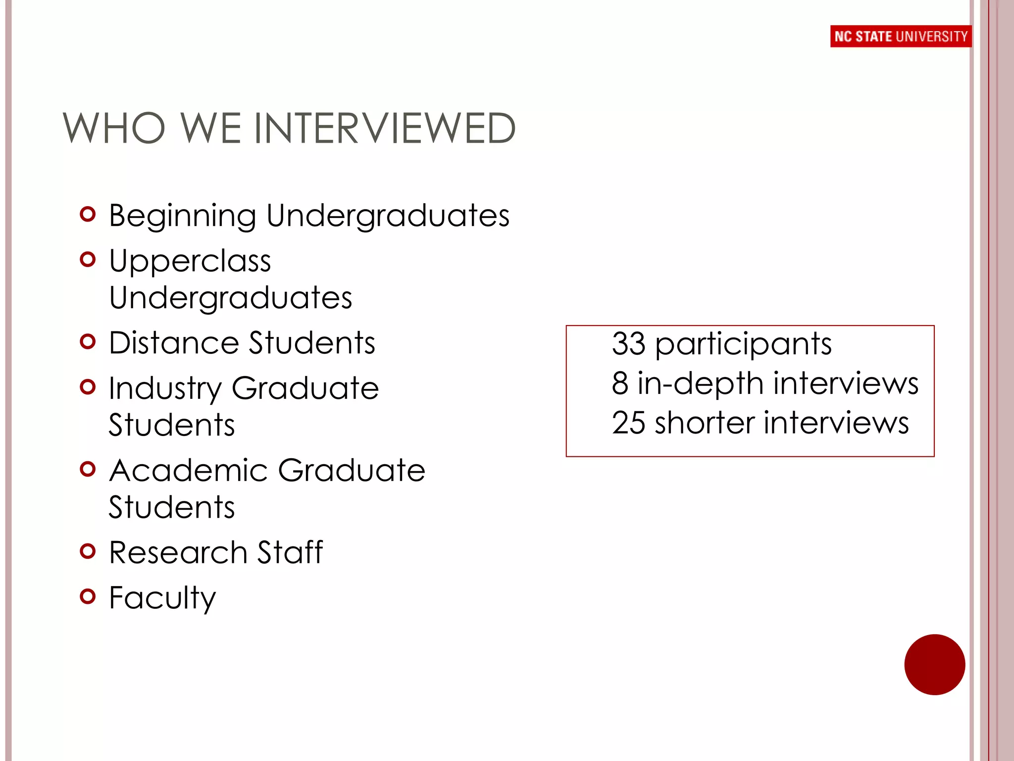 WHO WE INTERVIEWED Beginning Undergraduates Upperclass Undergraduates Distance Students Industry Graduate Students Academic Graduate Students Research Staff Faculty 33 participants 8 in-depth interviews 25 shorter interviews 
