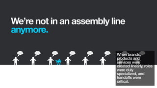 We’re not in an assembly line
anymore.
When brands,
products and
services were
created linearly, roles
were duly
specializ...