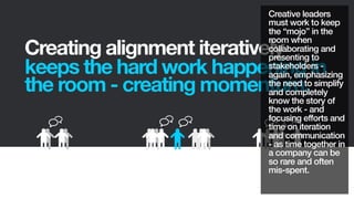 Creating alignment iteratively
keeps the hard work happening in
the room - creating momentum.
Creative leaders
must work t...