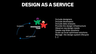 69
DESIGN AS A SERVICE
Include designers
Include developers
Include data analysts
Provide the design infrastructure
Observe org design needs
Ideate org-wide solutions
Scale up local optimised solutions
Manage the design system lifecycle
[…]
DESIGNOPS
TEAM
feedback!
pull not push!
 