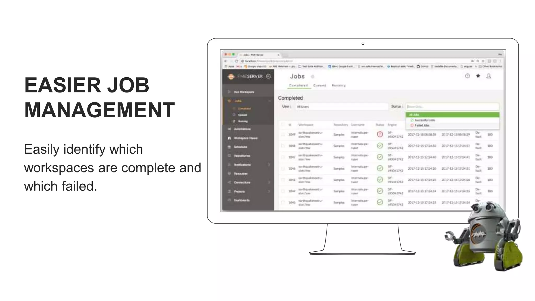 EASIER JOB
MANAGEMENT
Easily identify which
workspaces are complete and
which failed.
 