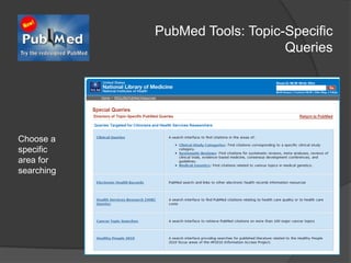 PubMed Tools: Topic-Specific QueriesChoose a specific area for searching