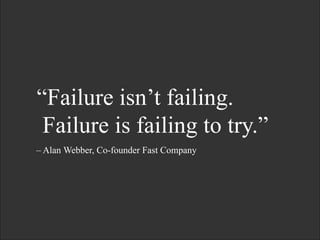 ―Failure isn’t failing.
Failure is failing to try.‖
– Alan Webber, Co-founder Fast Company
 