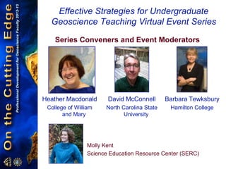 Effective Strategies for Undergraduate
Geoscience Teaching Virtual Event Series
Heather Macdonald
College of William
and Mary
Molly Kent
Science Education Resource Center (SERC)
Series Conveners and Event Moderators
Barbara Tewksbury
Hamilton College
David McConnell
North Carolina State
University
 