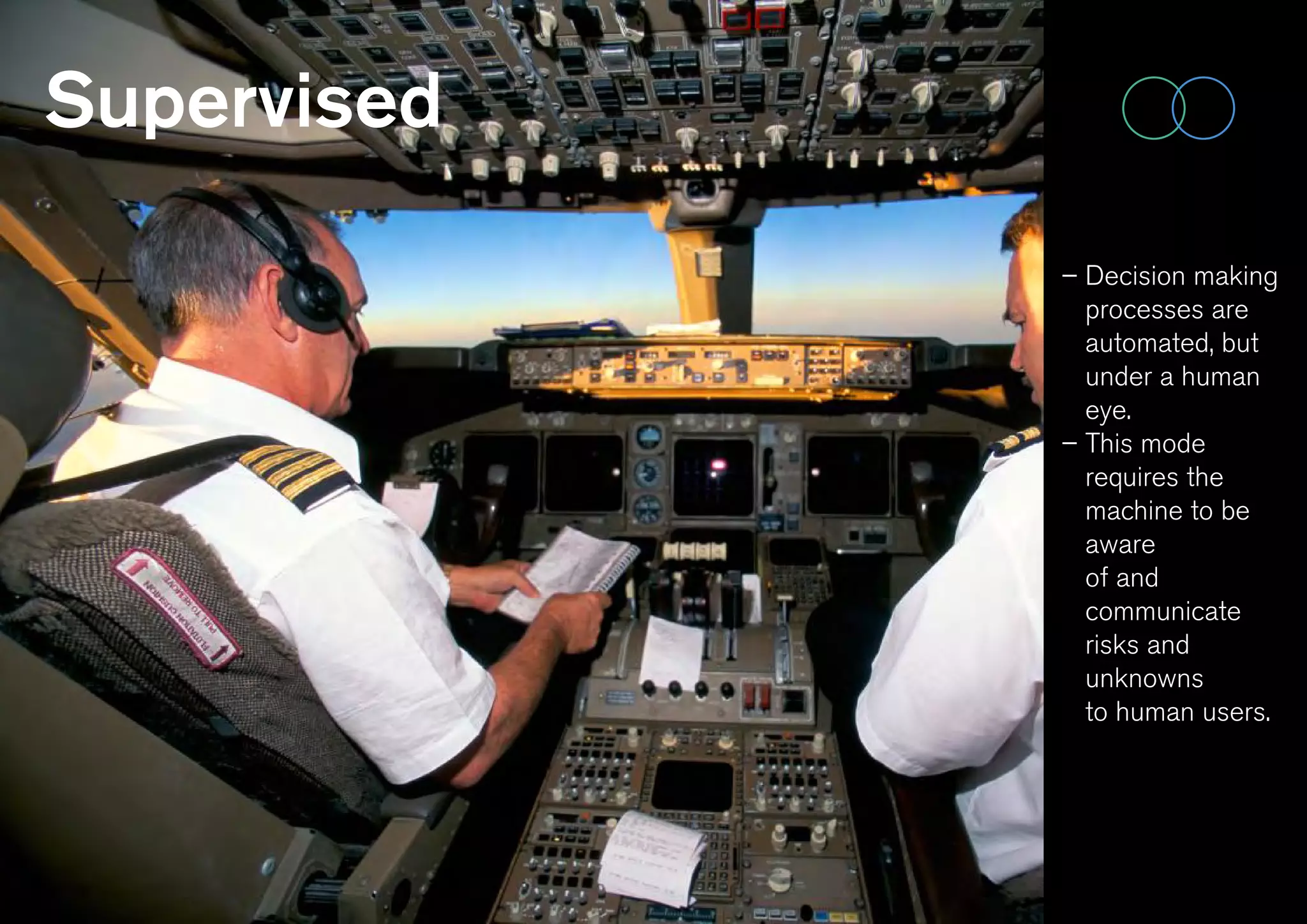 Supervised
– Decision making
processes are
automated, but
under a human
eye.
– This mode
requires the
machine to be
aware
of and
communicate
risks and
unknowns
to human users.
 