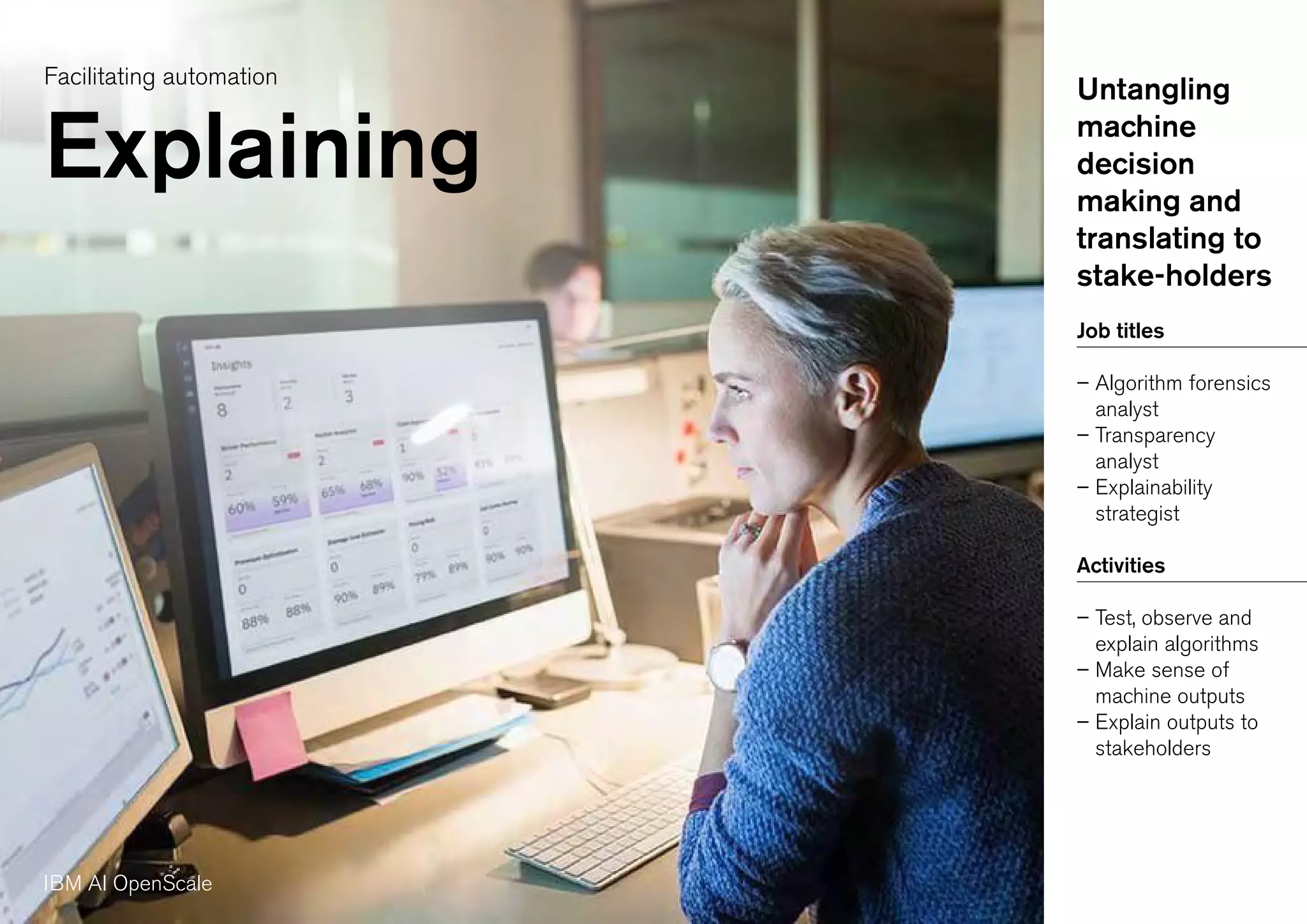 Facilitating automation
Explaining
Untangling
machine
decision
making and
translating to
stake-holders
Job titles
– Algorithm forensics
analyst
– Transparency
analyst
– Explainability
strategist
Activities
– Test, observe and
explain algorithms
– Make sense of
machine outputs
– Explain outputs to
stakeholders
IBM AI OpenScale
 