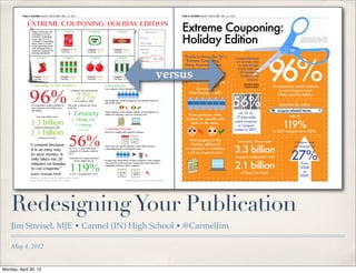 PAGE 8 | ACUMEN | HILITE | HILITE.ORG | DEC. 12, 2011                                                                                                              PAGE 8 | ACUMEN | HILITE | HILITE.ORG | DEC. 12, 2011


              EXTREME COUPONING: HOLIDAY EDITION
                   Many Americans are             Coupon                         Coupon                     Coupon                                              Receipt
                                                                                                                                                                             Extreme Couponing:
                                                                                                                                                                             Holiday Edition
                   catching on to the
                   extreme couponing
                   craze due to TLC’s              HALLS                         ALTOIDS
                                                                                                                                                           Total    $16.51                                                                                                        CONNIE CHU AND CLAUDIA HUANG / GRAPHIC
                                                                                                                                                                                                                                                                                CNN MONEY, REDPLUM.COM, EXPERIAN HITWISE,
                   “Extreme Couponing”                                            mint                             Dove                                                                                                                                                        AMANDA MERK, KROGER, PENN STATE / SOURCES
                   show. Here’s a look                                                                                                                     Savings $8.15
                                                      Cherry
                   at this growing trend
                   with Amanda Merk,
                   extreme-couponer-in-
                                                Original $2.29              Original $2.29           Original $0.99                                        Amount    $8.36




                                                                                                                                                                                                                                                               96%
                                                You Pay $1.29               You Pay $0.99            You Pay $0.59                                          Paid
                   training and junior.

                       Coupon                     Coupon                         Coupon                   Coupon                                           Percent
                                                                                                                                                                   49.0%                                                         I coupon because
                                                                                                                                                            Saved              “Extreme Couponing,”                                it is an easy way
                                                                                                                                                                               Many Americans have                                    to save money.




                                                                                                       Chapstick


                                                                                                                        Chapstick


                                                                                                                                    Chapstick
                                                                                                                                                           Thank you for       caught on to extreme                                  It only takes me

                    Original $0.99
                    You Pay $0.50
                                               Original $2.00
                                               You Pay $1.00
                                                                            Original $1.98
                                                                            You Pay $0.99
                                                                                                     Original $5.97
                                                                                                     You Pay $3.00
                                                                                                                                                                     versus
                                                                                                                                                            shopping with
                                                                                                                                                               HiLite!

                                                                                                                                                                          Couponing Tips
                                                                                                                                                                                                                                        20 minutes on
                                                                                                                                                                                                                                        Sunday to cut
                                                                                                                                                                                                                                             coupons.
                                                                                                                                                                                                                                        Amanda Merk
                  Couponing by the numbers                                                   Couponing Tips                                                                                                                              Couponer and junior   of couponers would continue



                96%
                                                                                             Use coupons when buying in bulk.                                                         Use coupons
                                                         Coupons use increased by                                                                                                                                                                                    to use coupons even
                                                                                                                                                                                   when buying in bulk.
                                                               27%                                                                                                                                                                                                 if they won the lottery.

                  of couponers would continue to
                  use coupons even if they won
                  the lottery.
                                                               from 2008 to 2009.
                                                      This year, coupons are most
                                                      used for:
                                                                                             Have patience while looking for the specific items on
                                                                                             sale in the store.

                                                                                                                                    x                                                                                         56%                                  Searches for online
                                                                                                                                                                                                                                                                 coupon-related terms
                       Last year, there were
                                                      1. Grocery                             Find coupons in the Sunday edition of newspapers or
                                                                                             online on websites, such as coupons.com.                                              Have patience while                             of 13- to
                                                                                                                                                                                                                                 17-year-olds                            are up
                                                          2. Dining out
                 3.3 billion                                                                                                                                                                                                                                         119%
                                                                                                                            Star
                                                                                                                   Sunday
                                                                                                                            $$                  coupons!

                                                                                                                                                                                     items in the store.                        used coupons
                                                               3. Clothing                                                                                                                                                        or coupon
                                                                                                                                                                                                  x
                     coupons redeemed, with
                                                                                             Couponing Warnings                                                                                                                 codes in 2011.
                 2.1 billion                                                                                                                                                                                                                                   in 2011 compared to 2010.
                                                                  4. Cosmetics
                                                                                             Don’t be caught with expired coupons.




                                                       56%
                                                                                                                            TODAY
                         of those for food.                                                                                                     $$$
                                                                                                                              12/20             12/18
                                                                                                                                                                                  Find coupons in the                                Last year, there were
                                                                                                                               2011             2011
                                                                                                                                                                                                                                                                             Coupon use
                 “I coupon because                                                                                                                                                 Sunday edition of

                                                                                                                                                                                                                                 3.3 billion
                                                                                             Don’t buy too much! Statistics show that extreme                                                                                                                               increased by
                                                                                                                                                                                newspapers or websites,

                                                                                                                                                                                                                                                                          27%
                                                        of 13 to 17 year olds used
                  it is an easy way                     coupons or coupon codes in
                                                                                             couponing leads to increased waste.
                                                                                                                                                                                 such as coupons.com.
                  to save money. It                     2011.
                                                                                                                                                                x                                                                coupons redeemed, with
                  only takes me 20                      Searches for coupon-related



                                                                                                                                                                                                                                 2.1 billion
                                                            terms online are up              Kroger has restrictions on their coupons. Each coupon                                         Star
                                                                                                                                                                                  Sunday




                                                        119%
                  minutes on Sunday                                                          may only be used once per transaction and cannot be
                                                                                                                                                                                           $$              coupons!                                                             from
                                                                                             combined with any other coupons.
                  to cut coupons.”                                                                                                                                                                                                                                             2008
                 Junior Amanda Merk                      in 2011, compared to 2010.
                                                                                                                     $$$
                                                                                                                   12/20
                                                                                                                    2011
                                                                                                                                           +
                                                                                                                                                 $$$
                                                                                                                                                12/20
                                                                                                                                                2011
                                                                                                                                                 2011
                                                                                                                                                            =   x                                                                     of those for food.                          to
                                                                                                                                                                                                                                                                               2009.
                 CNN MONEY, REDPLUM.COM, EXPERIAN HITWISE / SOURCE
                 AMANDA MERK, KROGER, PENN STATE / SOURCE                                                                           CONNIE CHU AND CLAUDIA HUANG / GRAPHIC




    Redesigning Your Publication
    Jim Streisel, MJE • Carmel (IN) High School • @CarmelJim

    May 4, 2012


Monday, April 30, 12
 