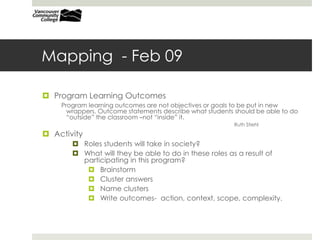 Mapping - Feb 09
 Program Learning Outcomes
Program learning outcomes are not objectives or goals to be put in new
wrappers. Outcome statements describe what students should be able to do
“outside” the classroom –not “inside” it.
Ruth Stiehl
 Activity
 Roles students will take in society?
 What will they be able to do in these roles as a result of
participating in this program?
 Brainstorm
 Cluster answers
 Name clusters
 Write outcomes- action, context, scope, complexity.
 