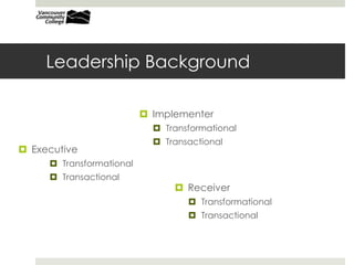 Leadership Background
 Implementer
 Transformational
 Transactional
 Receiver
 Transformational
 Transactional
 Executive
 Transformational
 Transactional
 