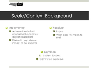 Scale/Context Background
 Implementer
 Achieve the desired
educational outcomes
as soon as possible
 Eliminate any adverse
impact to our students
 Receiver
 Impact
 What does this mean to
me?
 Common
 Student Success
 Committed Executive
 
