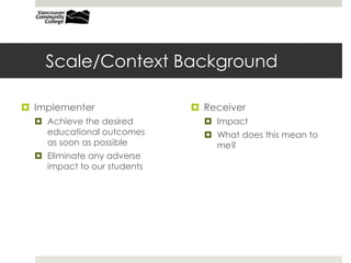 Scale/Context Background
 Implementer
 Achieve the desired
educational outcomes
as soon as possible
 Eliminate any adverse
impact to our students
 Receiver
 Impact
 What does this mean to
me?
 