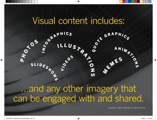 Visual content includes:
…and any other imagery that
can be engaged with and shared.
PHO
T
O
S
S L I D E S H
O
W
S
INFO
G
R
A P H I C S
M
E
M
E S
I L L U S T R
A
TIONS
VIDE
O
S
QUO
T
E
G R A P H I C S
A N I M
A
T
IONS
Copyright © 2015 re:DESIGN. All rights reserved.
 