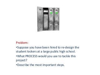 Problem:
•Suppose you have been hired to re-design the
student lockers at a large public high school.
•What PROCESS would you use to tackle this
project?
•Describe the most important steps.
 