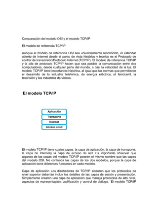 Comparación del modelo OSI y el modelo TCP/IP

El modelo de referencia TCP/IP

Aunque el modelo de referencia OSI sea universalmente reconocido, el estándar
abierto de Internet desde el punto de vista histórico y técnico es el Protocolo de
control de transmisión/Protocolo Internet (TCP/IP). El modelo de referencia TCP/IP
y la pila de protocolo TCP/IP hacen que sea posible la comunicación entre dos
computadores, desde cualquier parte del mundo, a casi la velocidad de la luz. El
modelo TCP/IP tiene importancia histórica, al igual que las normas que permitieron
el desarrollo de la industria telefónica, de energía eléctrica, el ferrocarril, la
televisión y las industrias de vídeos.




El modelo TCP/IP tiene cuatro capas: la capa de aplicación, la capa de transporte,
la capa de Internety la capa de acceso de red. Es importante observar que
algunas de las capas del modelo TCP/IP poseen el mismo nombre que las capas
del modelo OSI. No confunda las capas de los dos modelos, porque la capa de
aplicación tiene diferentes funciones en cada modelo.

Capa de aplicación Los diseñadores de TCP/IP sintieron que los protocolos de
nivel superior deberían incluir los detalles de las capas de sesión y presentación.
Simplemente crearon una capa de aplicación que maneja protocolos de alto nivel,
aspectos de representación, codificación y control de diálogo. El modelo TCP/IP
 