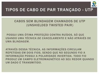 CABOS SEM BLINDAGEM CHAMADOS DE UTP
(UNSHIELDED TWISTED PAIR)
POSSUI UMA ÓTIMA PROTEÇÃO CONTRA RUÍDOS, SÓ QUE
USANDO UMA TÉCNICA DE CANCELAMENTO E NÃO ATRAVÉS DE
UMA BLINDAGEM.
ATRAVÉS DESSA TÉCNICA, AS INFORMAÇÕES CIRCULAM
REPETIDAS EM DOIS FIOS, SENDO QUE NO SEGUNDO FIO A
INFORMAÇÃO POSSUI A POLARIDADE INVERTIDA. TODO FIO
PRODUZ UM CAMPO ELETROMAGNÉTICO AO SEU REDOR QUANDO
UM DADO É TRANSMITIDO.
TIPOS DE CABO DE PAR TRANÇADO - UTP
 