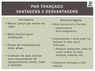 Vantagens
 Menor preço por metro de
cabo;
 Mais flexível para
instalação;
 Taxas de transferência
mais altas;
 Conexão de dois micros
sem necessidade de
equipamentos como: hubs
e switchs.
PAR TRANÇADO
VANTAGENS X DESVANTAGENS
Desvantagens
 Mais Suscetível a Ruídos;
 Interferência
Eletromagnética
 Dependendo o local onde for
instalar a rede não é
indicado:
 Parques Industriais, onde há
muito ruídos, ou seja,
motores, bobinas, etc..
 Distância limitada a 100
metros.
 