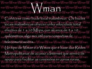 Wman Coñécese como bucle local inalámbrico.  Os bucles locais inalámbricos ofrecen unha velocidade total efectiva de 1 a 10 Mbps, cun alcance de 4 a 10 quilómetros, algo moi útil para compañías de telecomunicacións. Un tipo de Wman é o Wimax que é base das Redes Metropolitanas de acceso a Internet que servirá de apoio para facilitar as conexións en zonas rurais. 