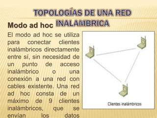 Modo ad hoc
El modo ad hoc se utiliza
para conectar clientes
inalámbricos directamente
entre sí, sin necesidad de
un punto de acceso
inalámbrico      o     una
conexión a una red con
cables existente. Una red
ad hoc consta de un
máximo de 9 clientes
inalámbricos,    que    se
envían       los     datos
 