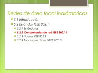 12




Redes de área local inalámbricas
  5.1 Introducción
  5.2 Estándar IEEE 802.11
      5.2.1 Estándares
      5.2.2 Componentes de red IEEE 802.11
      5.2.3 Norma IEEE 802.11
      5.2.4 Topologías de red IEEE 802.11




                                              12
 