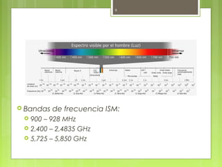 8




  Espectro radioeléctrico




 Bandas   de frecuencia ISM:
    900 – 928 MHz
    2,400 – 2,4835 GHz
    5,725 – 5,850 GHz
 