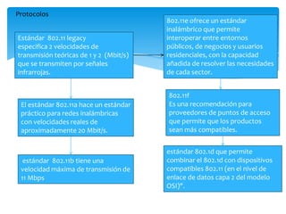 Protocolos
Estándar 802.11 legacy
especifica 2 velocidades de
transmisión teóricas de 1 y 2 (Mbit/s)
que se transmiten por señales
infrarrojas.
El estándar 802.11a hace un estándar
práctico para redes inalámbricas
con velocidades reales de
aproximadamente 20 Mbit/s.
estándar 802.11b tiene una
velocidad máxima de transmisión de
11 Mbps
estándar 802.1d que permite
combinar el 802.1d con dispositivos
compatibles 802.11 (en el nivel de
enlace de datos capa 2 del modelo
OSI)".
802.11e ofrece un estándar
inalámbrico que permite
interoperar entre entornos
públicos, de negocios y usuarios
residenciales, con la capacidad
añadida de resolver las necesidades
de cada sector.
802.11f
Es una recomendación para
proveedores de puntos de acceso
que permite que los productos
sean más compatibles.
 