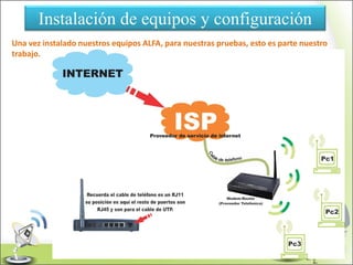 Instalación de equipos y configuración
Una vez instalado nuestros equipos ALFA, para nuestras pruebas, esto es parte nuestro
trabajo.
 