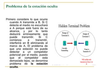 Problema de la estación oculta
Primero considere lo que ocurre
cuando A transmite a B. Si C
detecta el medio no escuchará
a A porque está fuera de su
alcance, y por lo tanto
deducirá erróneamente que
puede transmitir. Si C
comienza a transmitir,
interferirá en B eliminando el
marco de A. El problema de
que una estación no puede
detectar a un competidor
potencial por el medio, puesto
que el competidor esta
demasiado lejos, se denomina
problema de la estación
oculta.
 