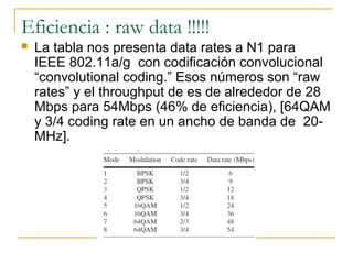 Eficiencia : raw data !!!!!
 La tabla nos presenta data rates a N1 para
IEEE 802.11a/g con codificación convolucional
“convolutional coding.” Esos números son “raw
rates” y el throughput de es de alrededor de 28
Mbps para 54Mbps (46% de eficiencia), [64QAM
y 3/4 coding rate en un ancho de banda de 20-
MHz].
 