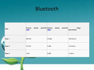 Bluetooth


          Potencia   máxima   permitida Potencia   máxima   permitida                  Rango
Clase
          (mW)                          (dBm)                           (aproximado)




Clase 1   100 mW                        20 dBm                          ~100 metros




Clase 2   2.5 mW                        4 dBm                           ~10 metros




Clase 3   1 mW                          0 dBm                           ~1 metro
 
