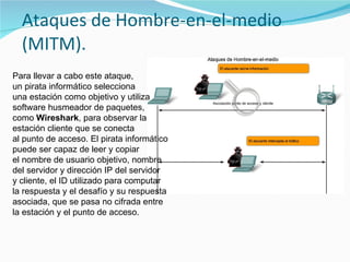 Ataques de Hombre-en-el-medio (MITM). Para llevar a cabo este ataque,  un pirata informático selecciona  una estación como objetivo y utiliza  software husmeador de paquetes,  como  Wireshark , para observar la  estación cliente que se conecta  al punto de acceso. El pirata informático puede ser capaz de leer y copiar  el nombre de usuario objetivo, nombre  del servidor y dirección IP del servidor  y cliente, el ID utilizado para computar  la respuesta y el desafío y su respuesta  asociada, que se pasa no cifrada entre  la estación y el punto de acceso. 