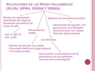 APLICACIONES DE LAS REDES INALÁMBRICAS
  (WLAN, WPAN, WWAN Y WMAN)

Bandas con aplicaciones                  Mediante las microondas terrestres
inalámbricas del rango de
frecuencias que abarcan las
ondas de radio                                Interconexión de aparatos, con
                                              aplicaciones como Bluetooth
                       Microondas por         Comunicaciones con radares
                       satélite               Televisión digital terrestre
 VLF, LF, MF, HF,
 VHF y UHF
                                   Los infrarrojos

    -Difusión de televisión por satélite
    -Transmisión telefónica a larga distancia
    -Y en redes privadas
                                  Comunicación a corta distancia de los
                                  ordenadores con sus periféricos
                                  Técnicas como la termografía
 