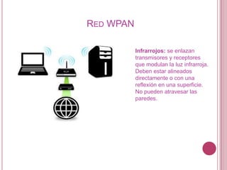RED WPAN

           Infrarrojos: se enlazan
           transmisores y receptores
           que modulan la luz infrarroja.
           Deben estar alineados
           directamente o con una
           reflexión en una superficie.
           No pueden atravesar las
           paredes.
 