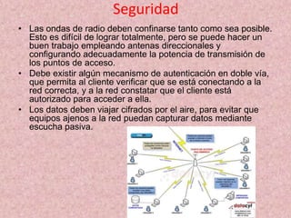 Seguridad
• Las ondas de radio deben confinarse tanto como sea posible.
Esto es difícil de lograr totalmente, pero se puede hacer un
buen trabajo empleando antenas direccionales y
configurando adecuadamente la potencia de transmisión de
los puntos de acceso.
• Debe existir algún mecanismo de autenticación en doble vía,
que permita al cliente verificar que se está conectando a la
red correcta, y a la red constatar que el cliente está
autorizado para acceder a ella.
• Los datos deben viajar cifrados por el aire, para evitar que
equipos ajenos a la red puedan capturar datos mediante
escucha pasiva.
 