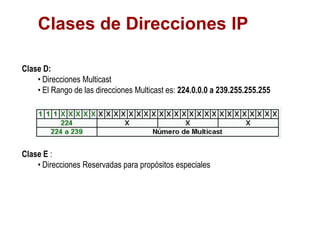 Clases de Direcciones IP

Clase D:
    • Direcciones Multicast
    • El Rango de las direcciones Multicast es: 224.0.0.0 a 239.255.255.255




Clase E :
    • Direcciones Reservadas para propósitos especiales
 