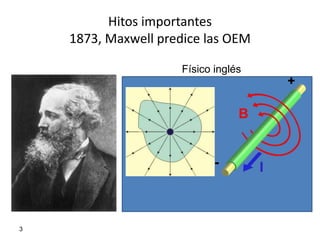 Hitos importantes
    1873, Maxwell predice las OEM

                      Físico inglés




3
 