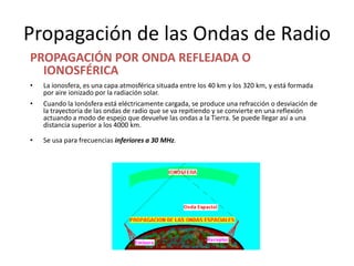 Propagación de las Ondas de Radio
PROPAGACIÓN POR ONDA REFLEJADA O
  IONOSFÉRICA
•   La ionosfera, es una capa atmosférica situada entre los 40 km y los 320 km, y está formada
    por aire ionizado por la radiación solar.
•   Cuando la Ionósfera está eléctricamente cargada, se produce una refracción o desviación de
    la trayectoria de las ondas de radio que se va repitiendo y se convierte en una reflexión
    actuando a modo de espejo que devuelve las ondas a la Tierra. Se puede llegar así a una
    distancia superior a los 4000 km.

•   Se usa para frecuencias inferiores a 30 MHz.
 