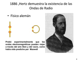 1886 ,Hertz demuestra la existencia de las
                 Ondas de Radio

  • Físico alemán




Probó experimentalmente que las
ondas electromagnéticas pueden viajar
a través del aire libre y del vacío, como
había sido predicho por Maxwell



                                                 4
 