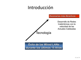 Introducción
                 Escenarios más Atractivos

                        Desarrollo de Redes
                        Inalámbricas con la
                          velocidad de las
                        Actuales Cableadas

       Tecnología


  Éxito de las Wired LANs
durante los últimos 15 Años


                                          61 de 39
 