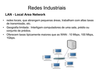 LAN - Local Area Network
• redes locais, que abrangem pequenas áreas, trabalham com altas taxas
de transmissão, etc.
• Geografia limitada : Interligam computadores de uma sala, prédio ou
conjunto de prédios.
• Oferecem taxas tipicamente maiores que as WAN : 10 Mbps, 100 Mbps,
1Gbps.
Redes Industriais
 