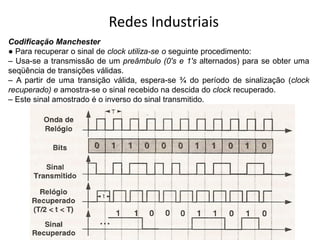 Redes Industriais
Codificação Manchester
● Para recuperar o sinal de clock utiliza-se o seguinte procedimento:
– Usa-se a transmissão de um preâmbulo (0's e 1's alternados) para se obter uma
seqüência de transições válidas.
– A partir de uma transição válida, espera-se ¾ do período de sinalização (clock
recuperado) e amostra-se o sinal recebido na descida do clock recuperado.
– Este sinal amostrado é o inverso do sinal transmitido.
 