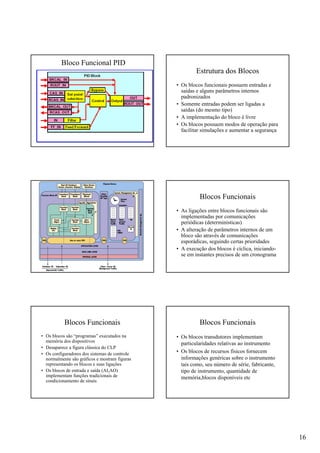 16
Bloco Funcional PID
Estrutura dos Blocos
• Os blocos funcionais possuem entradas e
saídas e alguns parâmetros internos
padronizados
• Somente entradas podem ser ligadas a
saídas (do mesmo tipo)
• A implementação do bloco é livre
• Os blocos possuem modos de operação para
facilitar simulações e aumentar a segurança
Blocos Funcionais
• As ligações entre blocos funcionais são
implementadas por comunicações
periódicas (determinísticas)
• A alteração de parâmetros internos de um
bloco são através de comunicações
esporádicas, seguindo certas prioridades
• A execução dos blocos é cíclica, iniciando-
se em instantes precisos de um cronograma
Blocos Funcionais
• Os blocos são “programas” executados na
memória dos dispositivos
• Desaparece a figura clássica do CLP
• Os configuradores dos sistemas de controle
normalmente são gráficos e mostram figuras
representando os blocos e suas ligações
• Os blocos de entrada e saída (AI,AO)
implementam funções tradicionais de
condicionamento de sinais
Blocos Funcionais
• Os blocos transdutores implementam
particularidades relativas ao instrumento
• Os blocos de recursos físicos fornecem
informações genéricas sobre o instrumento
tais como, seu número de série, fabricante,
tipo de instrumento, quantidade de
memória,blocos disponíveis etc
 